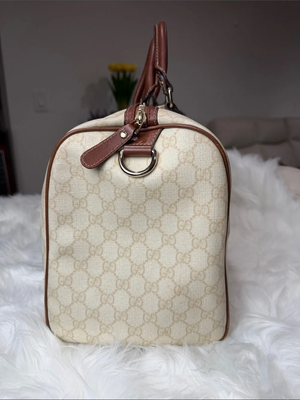 💯Authentic Gucci Beige GG Monogram Duffel with Brown Leather Trim🍀